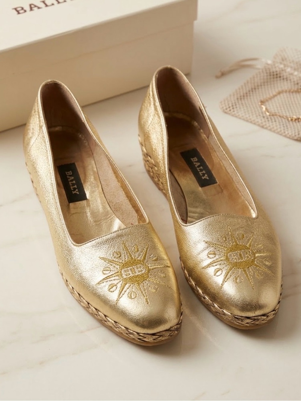 Bally Starry Gold Metallic Sunburst Loafers Leather Flats Italy 37.5